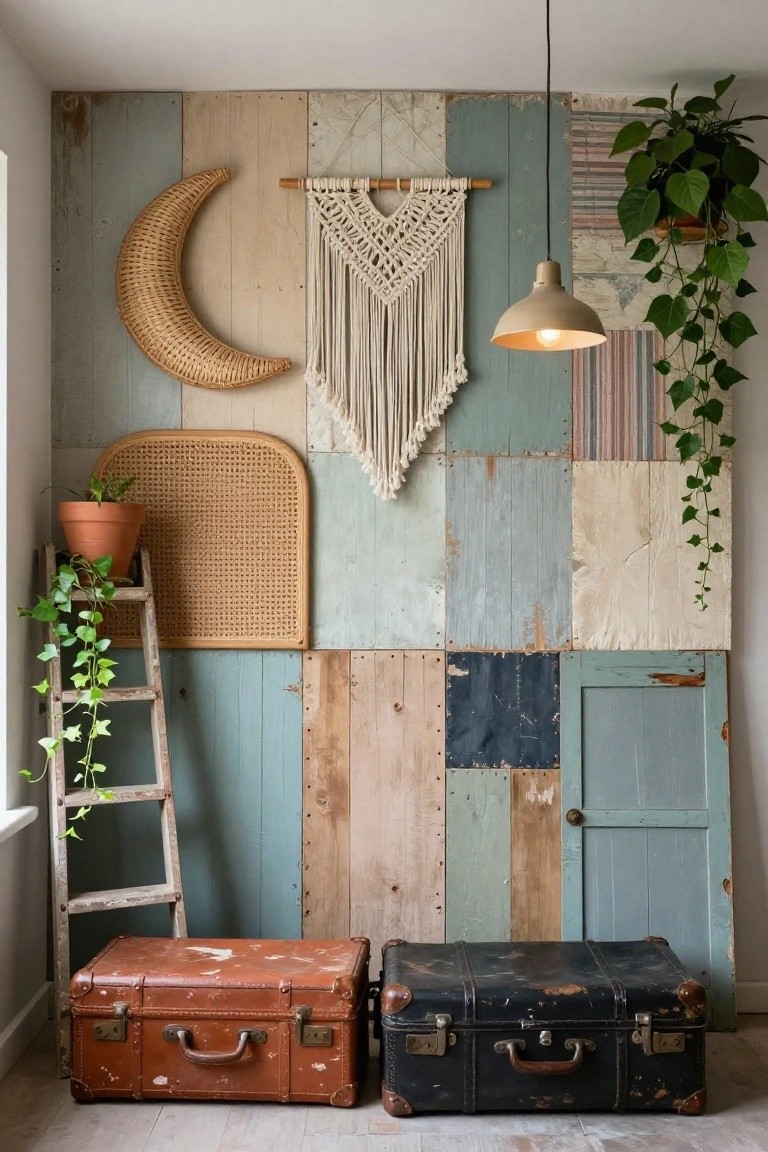 Indoor wall made of patchwork reclaimed wood panels in shades of blue, gray, and natural tones, with rattan moon decoration, macrame hanging, potted plants, ivy-draped ladder, and two vintage suitcases on the floor.