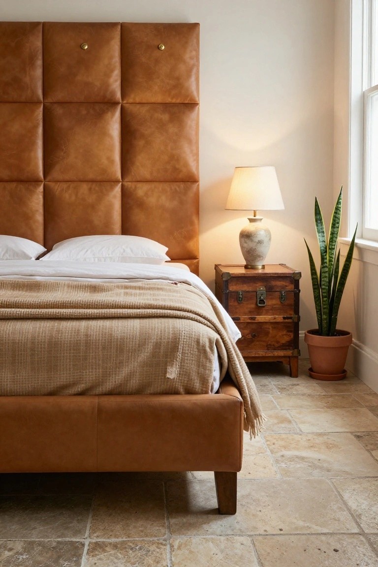 A bedroom with a tan leather button-tufted headboard on a platform bed with white sheets and beige throw, next to a wooden trunk nightstand with ceramic lamp and potted snake plant, on beige tiled floor by a white wall and window.