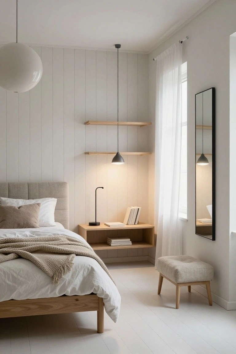 A bedroom featuring white vertical wood panelling on one wall, light oak bed with white bedding and beige throw, wooden nightstand with books, and a full-length mirror near a window with sheer curtains.