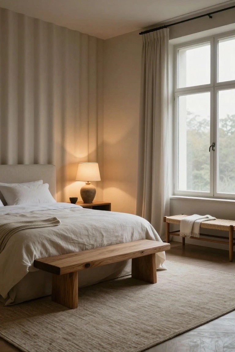 Bedroom corner with upholstered bed dressed in white linens and cream throw, wooden nightstand holding terracotta lamp and vase, foot bench with white throw, large curtained window overlooking trees, and beige vertical wavy wall panelling.