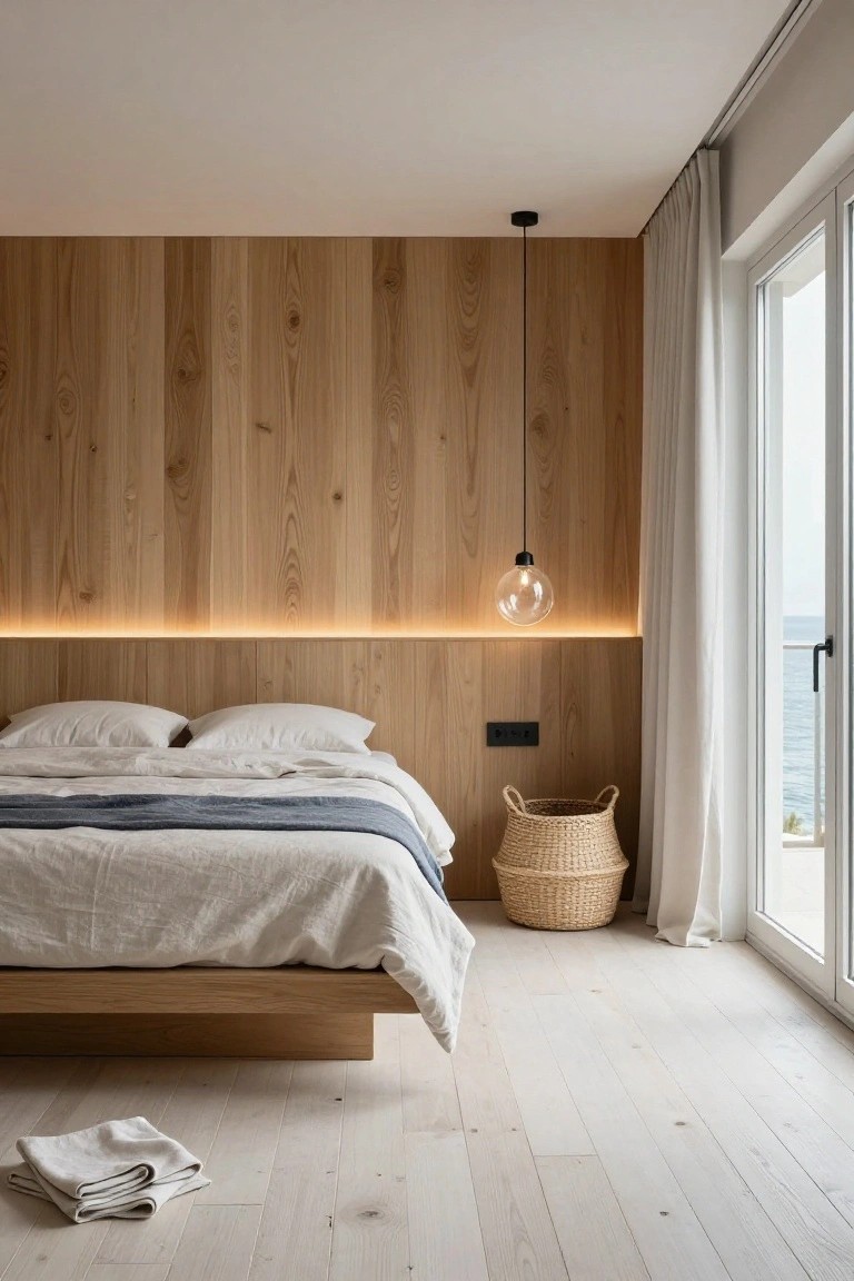 Bedroom with vertical light wood planks on the wall behind a low oak platform bed covered in white sheets and a blue throw, pendant bulb light, woven basket, power outlet, and white curtains on sliding doors to ocean view.
