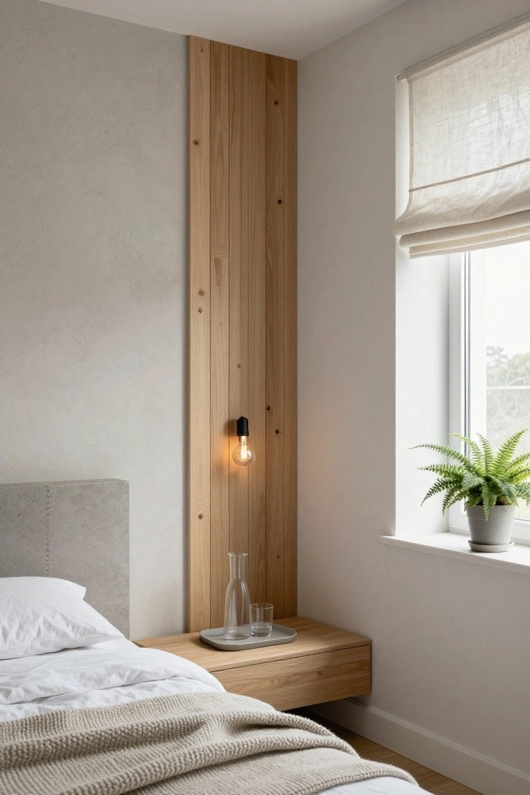 Bedroom corner featuring vertical light wood slat wall paneling behind a gray upholstered bed with white linens and beige throw, floating wooden nightstand with glassware, wall-mounted black lamp with lit bulb, linen roman shade on window with potted fern plant.