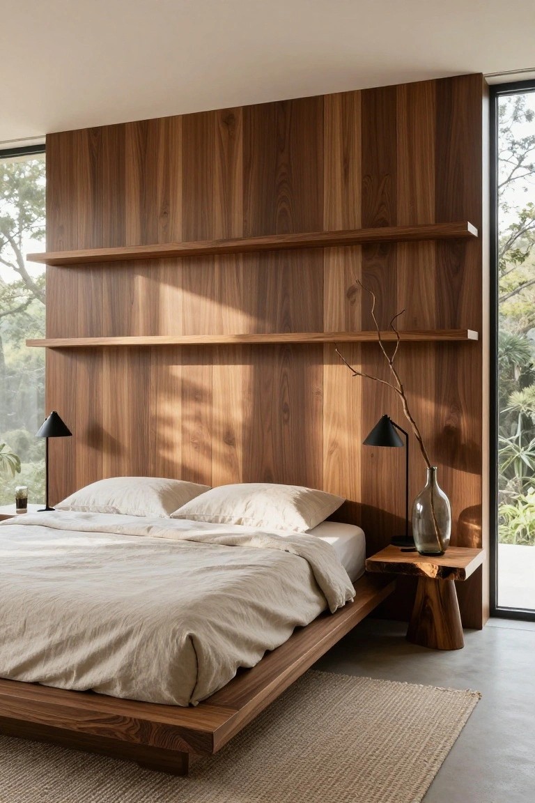 Modern bedroom featuring vertical walnut wood paneling on the wall behind a low wood platform bed with white linens, flanked by black cone lamps on wood side tables, floating shelves with branches, and large corner window showing trees and plants outside.