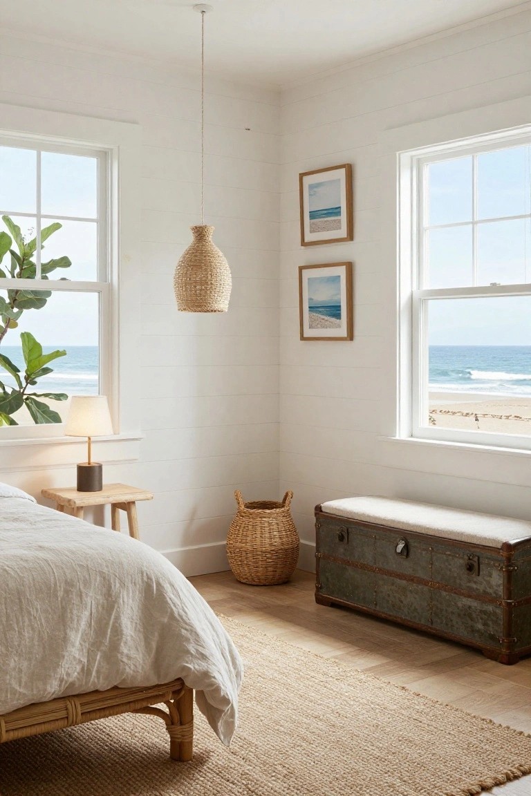 Bright bedroom corner with white vertical shiplap walls, large windows showing ocean and beach, rattan pendant light, bamboo bed frame, side table lamp, wicker basket, and wooden bench chest on hardwood floor.