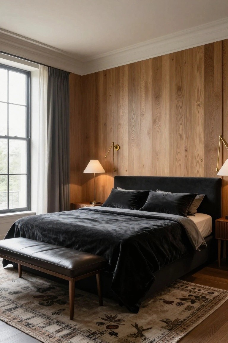 Bedroom with light vertical wood paneling on walls, black velvet upholstered bed with pillows and duvet, brass wall lamps, wood nightstand, leather bench at foot, and patterned rug on wood floor.