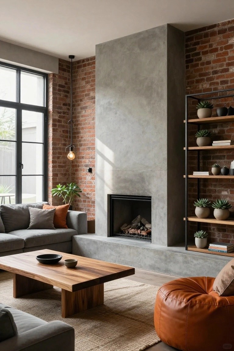 Modern living room with tall gray concrete fireplace wall next to exposed red brick wall, gray L-shaped sectional sofa facing the lit fireplace, wooden coffee table, orange leather pouf, potted plants on black metal shelves, and large black-framed windows.