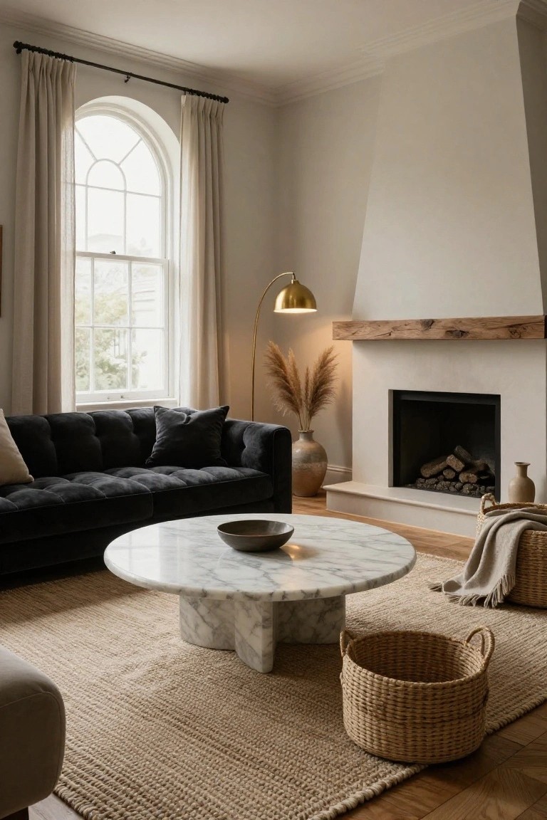 Living room with black velvet tufted sectional sofa, round white marble coffee table on beige seagrass rug, fireplace with wood mantel and logs, pampas grass in vase, arched window with cream curtains, and gold arc lamp.