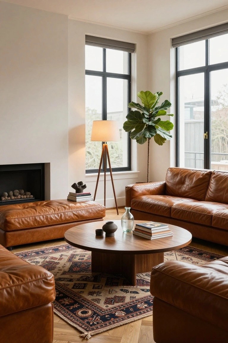 A living room with U-shaped tan leather sectional sofas surrounding a round wooden coffee table on a multicolored oriental rug, next to a fireplace, tripod floor lamp, fiddle leaf fig plant, and large windows.