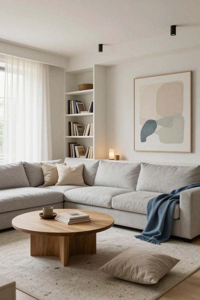 Light gray L-shaped sectional sofa in a minimalist living room with white built-in bookshelves, oak coffee table on neutral rug, large abstract wall art, and sheer curtains over windows.