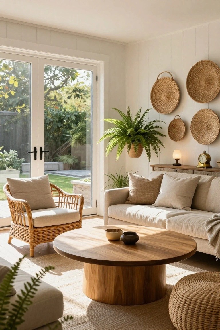 Bright living room featuring a beige linen sectional sofa, rattan armchair, round wooden coffee table, woven basket wall decor, hanging fern plant, and glass doors opening to a green garden.
