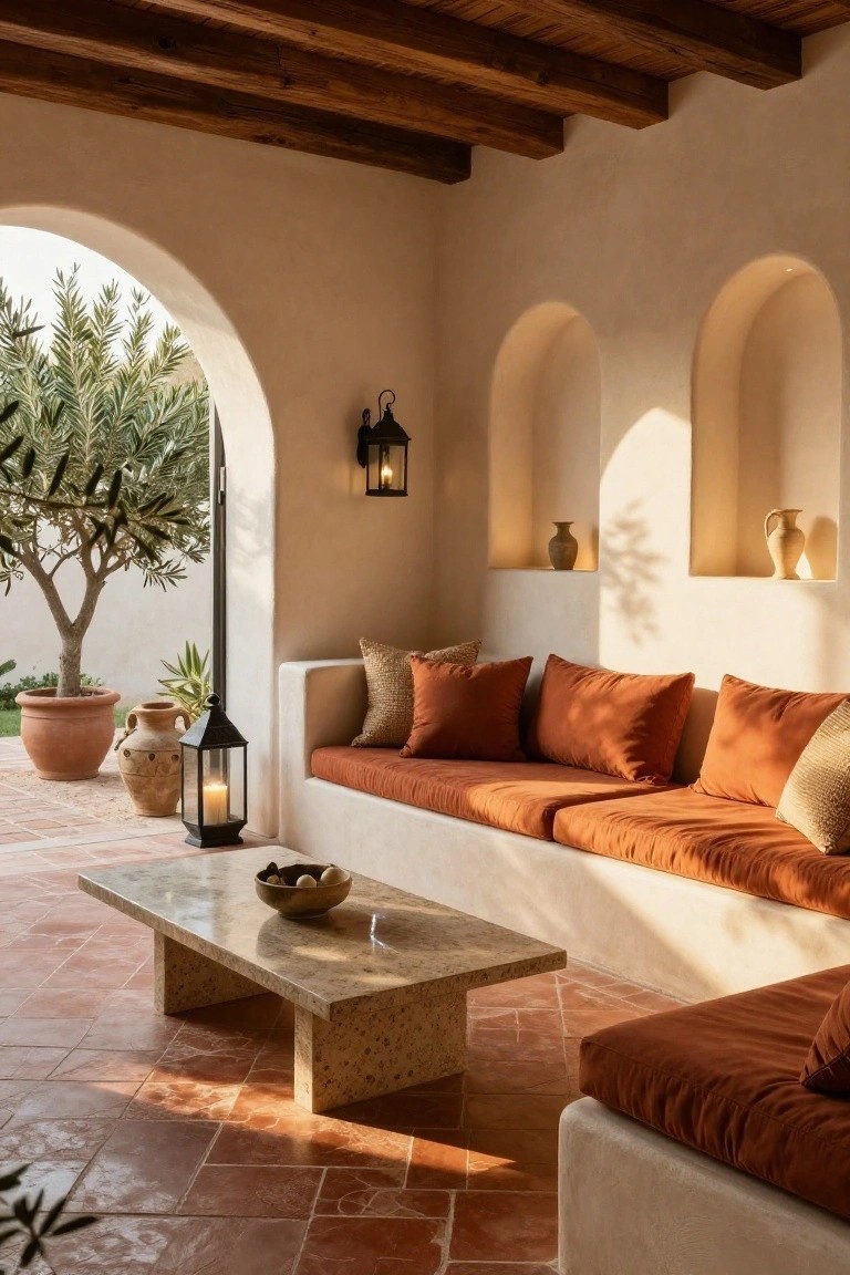Shaded outdoor seating alcove with white L-shaped sofa piled with terracotta and beige cushions, low beige stone coffee table with bowl, black metal lanterns, terracotta pots, arched wall niches with vases, olive tree visible through archway, on terracotta tiled floor under wooden beams.