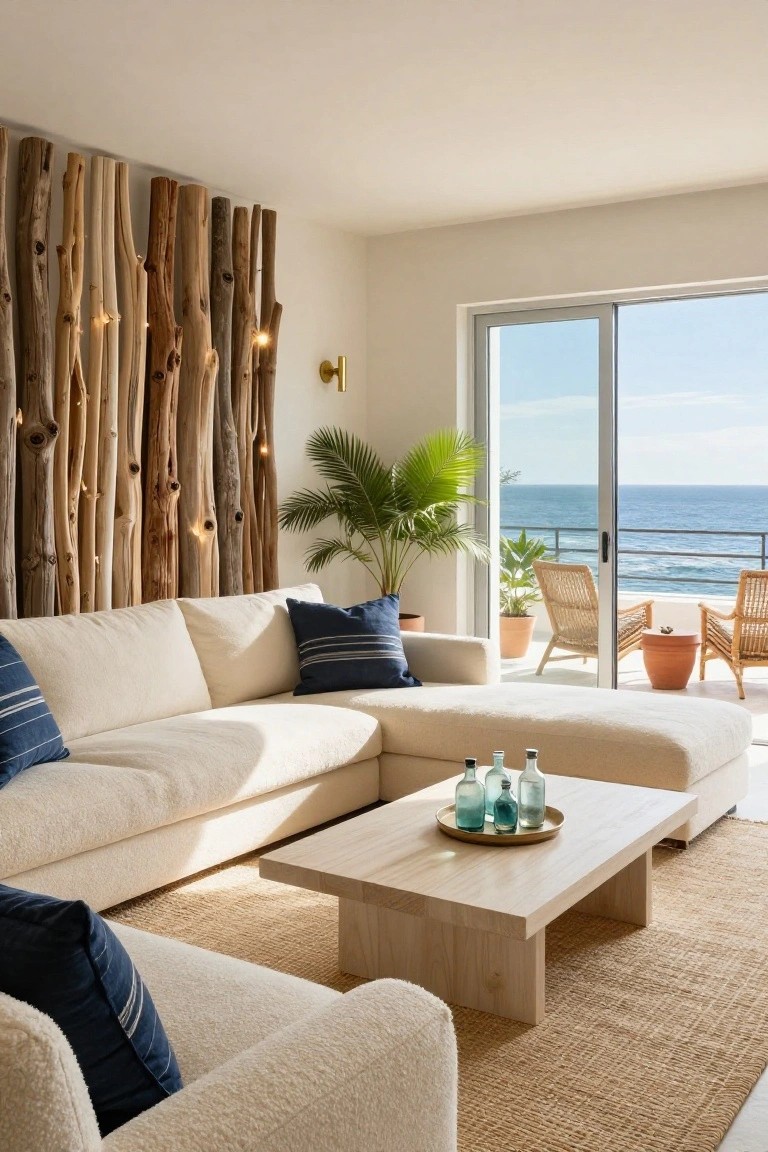 Bright coastal living room with large light cream L-shaped bouclé sectional sofa, vertical driftwood pole wall feature with lights, potted palm and plants, low wood coffee table, and sliding glass doors to balcony with rattan chairs and ocean view.