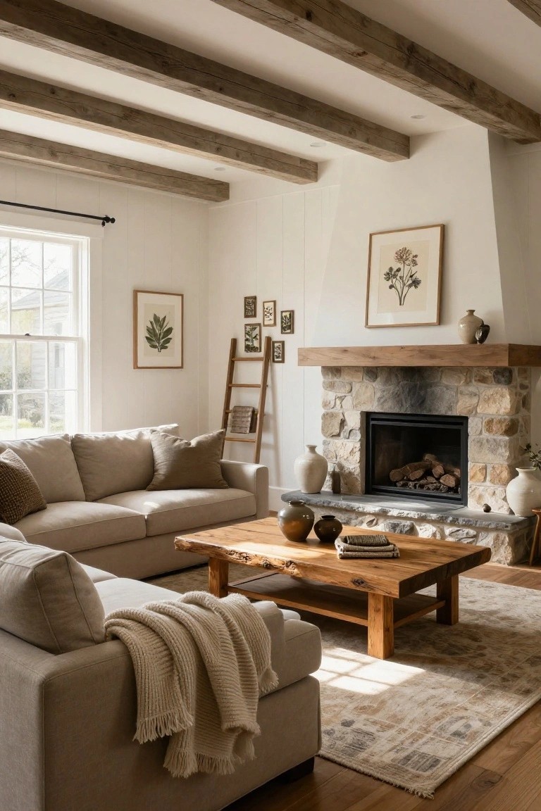 Living room with exposed wooden ceiling beams, beige L-shaped sectional sofa facing a stone fireplace with wooden mantel, wooden coffee table, ladder shelf, and potted ceramics on light wood floors.