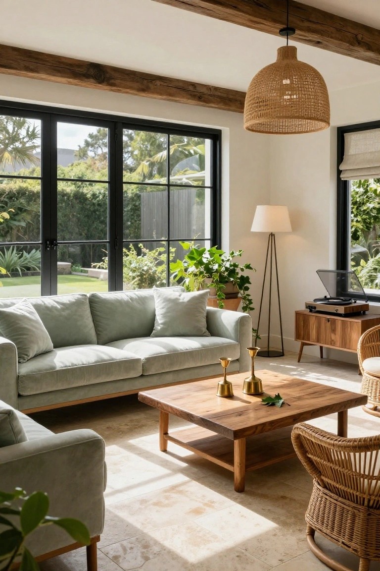 Light green velvet L-shaped sectional sofa in a bright living room with wooden coffee table, brass candlesticks, rattan chairs, potted plants, tripod floor lamp, record player on credenza, and large black-framed windows showing garden outside.