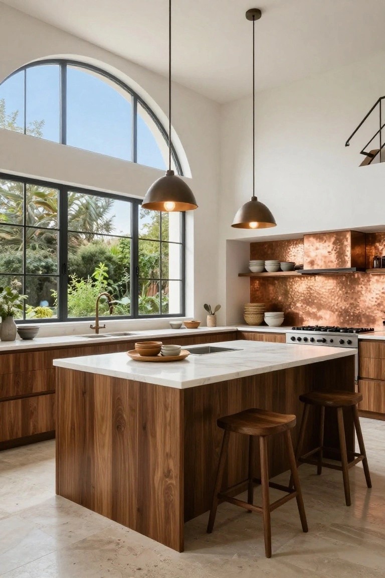 Kitchen interior featuring high ceilings, walnut wood cabinets and island with white marble countertop, copper-textured backsplash and hood, pendant lights, and large arched windows showing palm trees and garden outside.