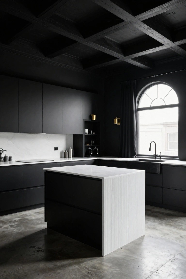 Modern kitchen featuring matte black cabinets, white marble countertops and island, high ceiling with dark exposed wooden beams, arched window with black curtains, and polished concrete floor.