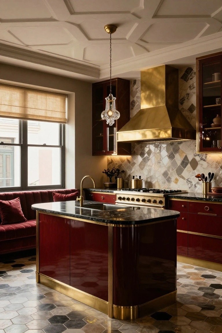 Brass Range Hood in a Tall Kitchen