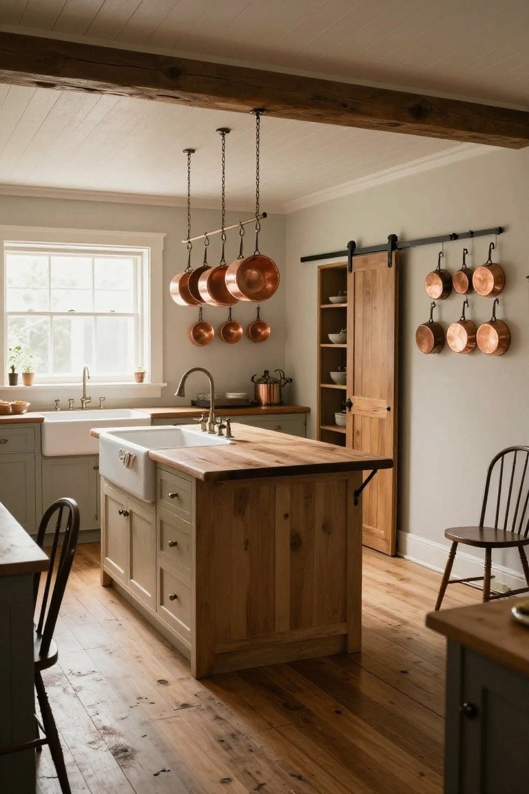 High-ceiling kitchen with exposed wooden beams, copper pots suspended from ceiling chains above a wooden island, farmhouse sinks, gray cabinets, and a sliding barn door.