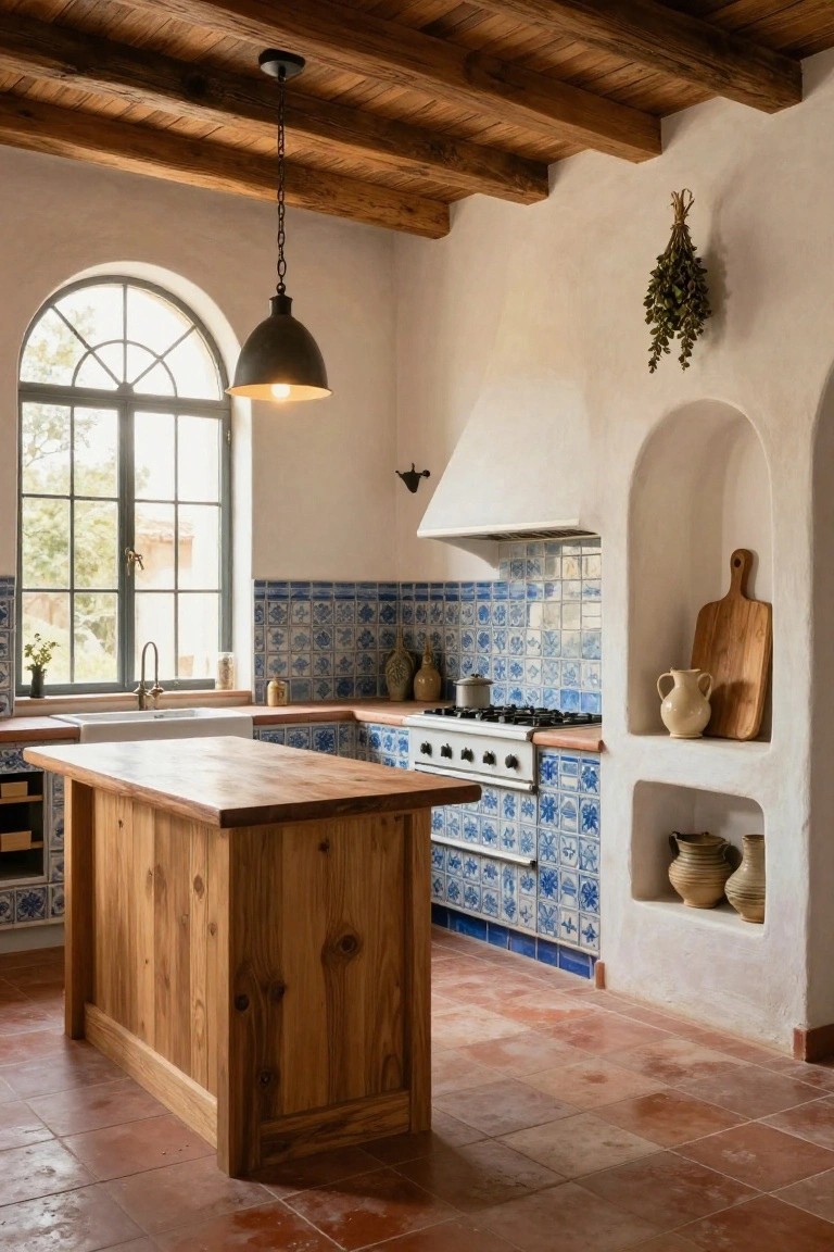 Kitchen with high exposed wooden beam ceiling, arched window with green frames, blue tiled backsplash, wooden island counter, white sink, and terracotta tile floor.
