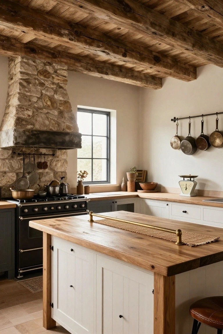 Kitchen with high exposed wooden beam ceiling, stone chimney hood over black range cooker, wooden island counter, hanging copper pots, and white cabinetry.