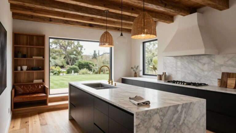 Kitchen with exposed dark wooden beams on white high ceiling, oak wall cabinets with open shelves, black base cabinets and white marble island, gold faucet, rattan pendant lights, and black-framed sliding doors to backyard garden.