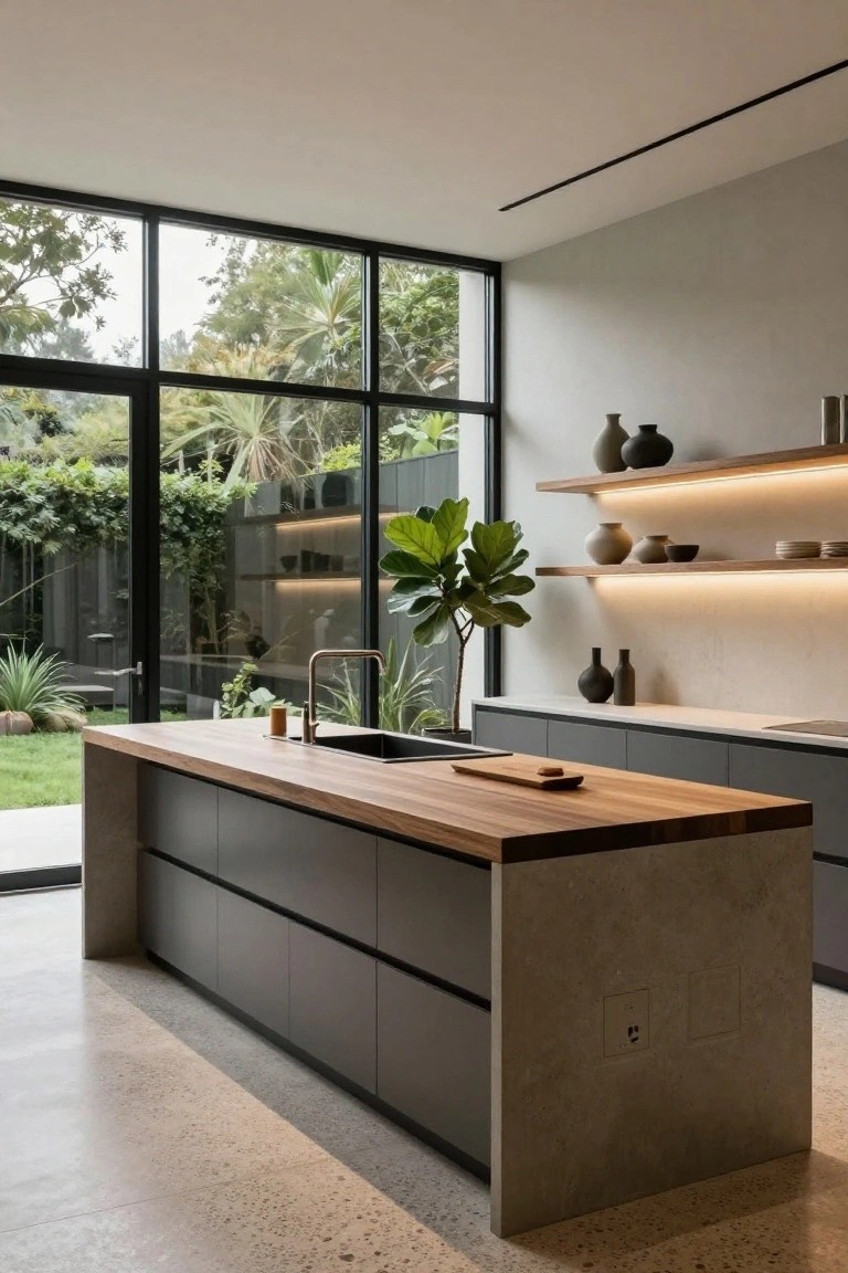 Modern high-ceiling kitchen with large central island topped in light wood, matte black cabinets, concrete pedestal base, brass faucet over black sink, floating wooden shelves with pottery, polished concrete floor, and extensive black-framed floor-to-ceiling glass walls and sliding doors overlooking lush tropical garden.