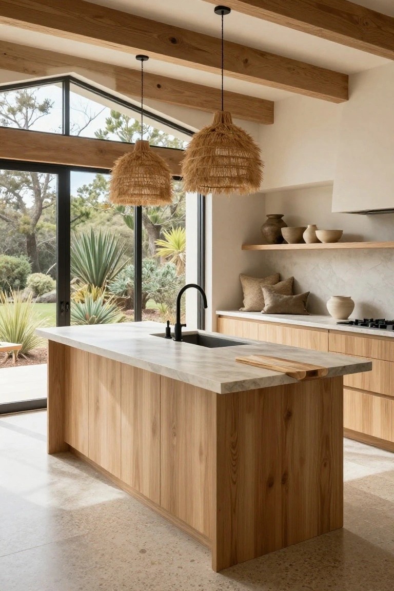 Kitchen interior featuring high ceilings with exposed wooden beams, rattan pendant lights over an oak island countertop, white cabinets, and large glass doors opening to a garden with agave plants and trees.