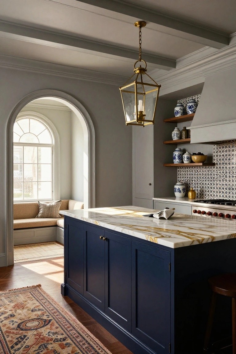 High-ceiling kitchen with navy blue island topped in gold-veined marble, arched white opening to cushioned window seat, open shelves holding blue and white ceramics, brass lantern pendant, and blue white tile backsplash.
