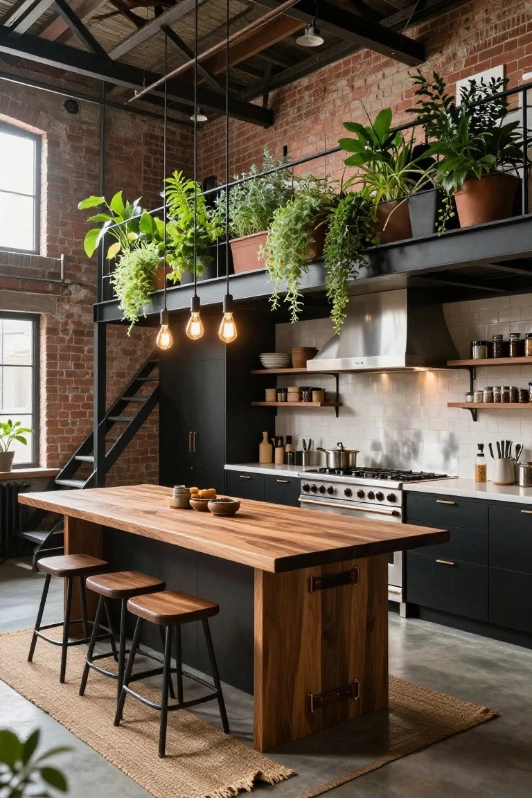 High-ceiling industrial loft kitchen with exposed brick walls, black cabinets, stainless steel range, large wooden island table with three stools, metal mezzanine railing lined with potted plants, and hanging pendant lights.