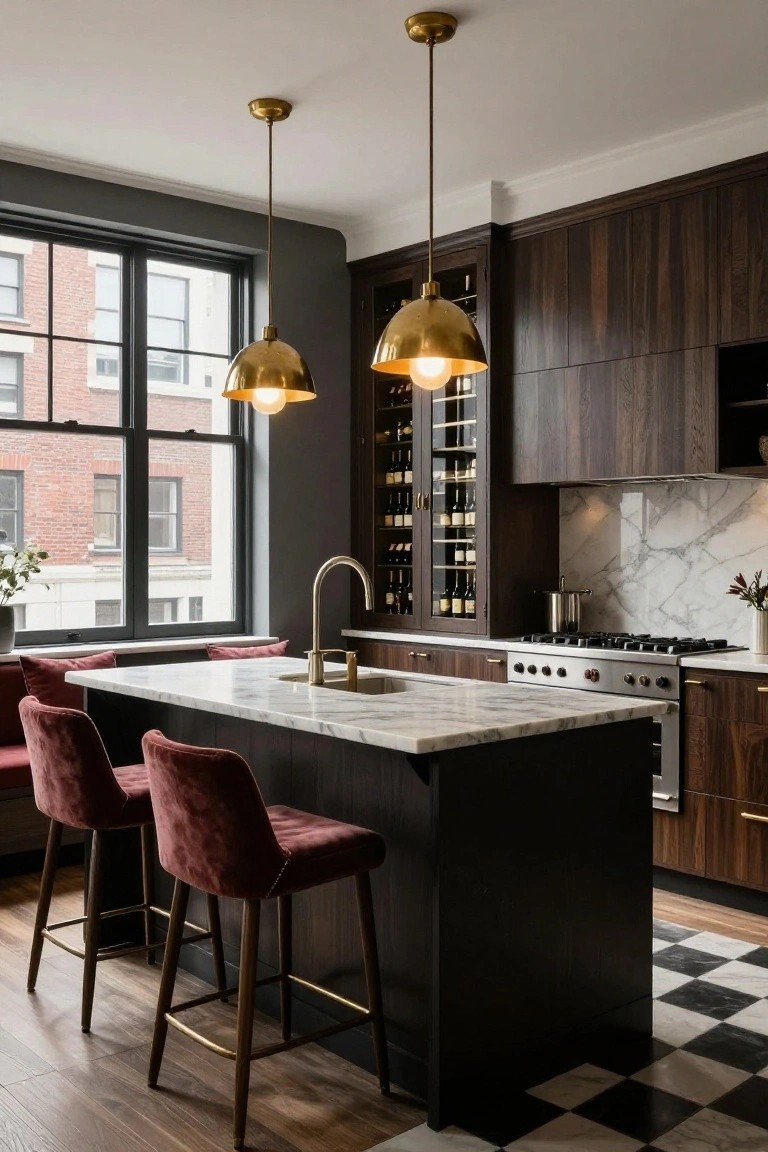 Modern kitchen featuring dark wood cabinets, glass-fronted wine storage, white marble island with red velvet bar stools, two gold pendant lights hanging above the island, large black-framed windows, and black-and-white checkered floor.