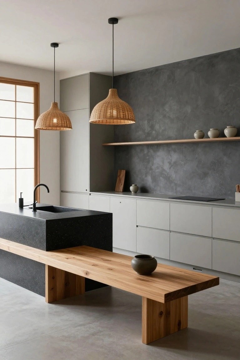 Modern high-ceiling kitchen with two large rattan pendant lights hanging over a black stone island bench with wooden seat, white cabinets, textured gray accent wall, and shoji-style window.