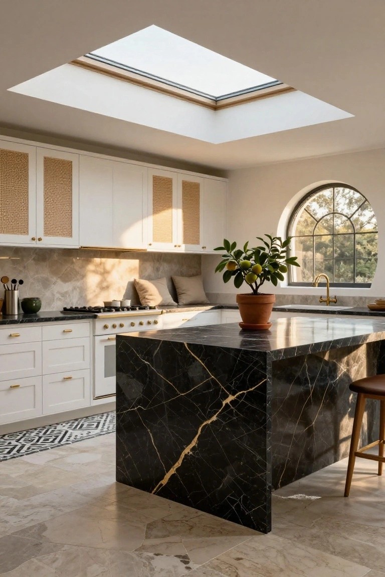 A high-ceiling kitchen with a large skylight, white cabinets featuring rattan doors, black marble island with stools, gold faucets, and an arched window next to a potted lemon tree.