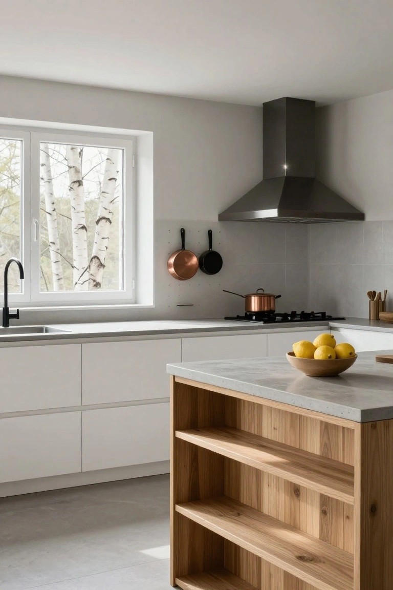 Modern kitchen interior with white flat-panel cabinets, central wooden island with open shelving and concrete countertop, black matte range hood, copper pots hanging nearby, black faucet at sink, and large window showing birch trees outside.