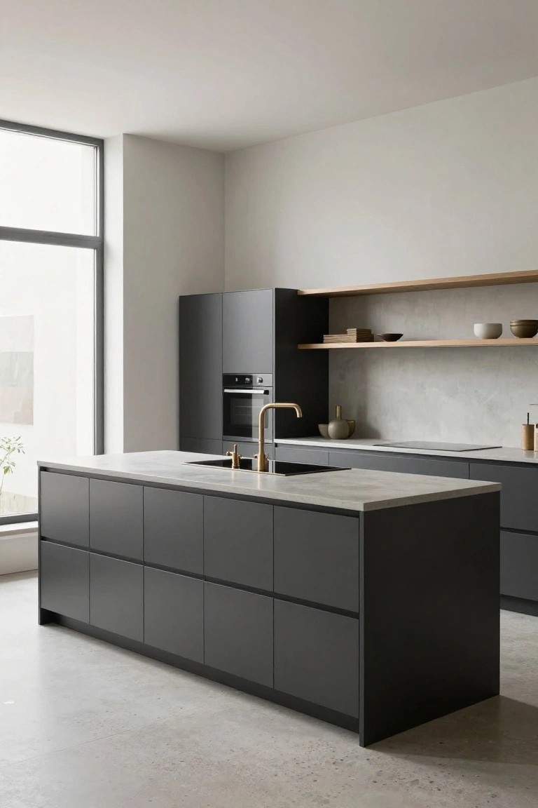 Modern kitchen with matte black cabinets and large central island topped by white quartz countertop and gold faucet, plus built-in oven, open wood shelving, and large window.