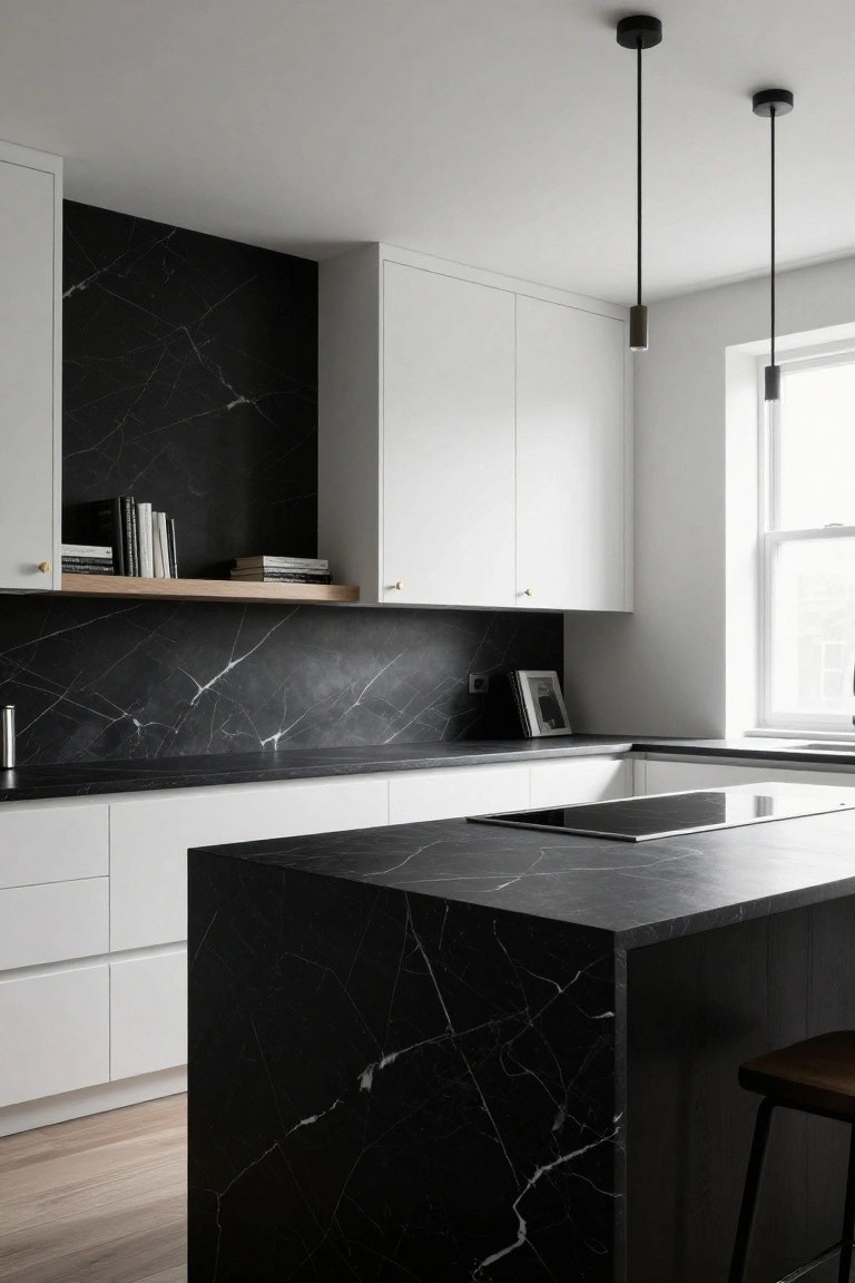 Black Marble Counters with White Cabinets