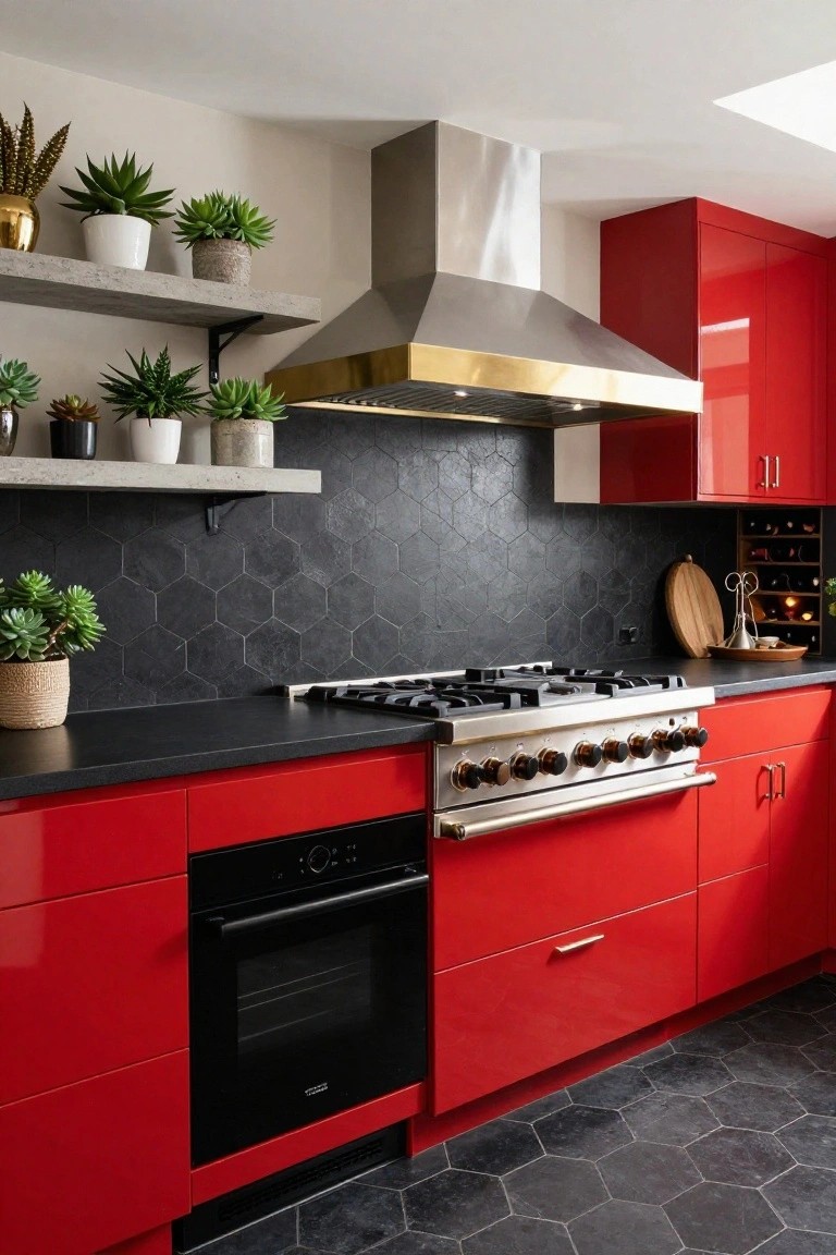 Modern kitchen with glossy red lacquer cabinets, black hexagonal tile backsplash, matte black countertops and flooring, stainless steel gas range and hood with brass trim, built-in oven, wine rack, and potted succulents on floating shelves.