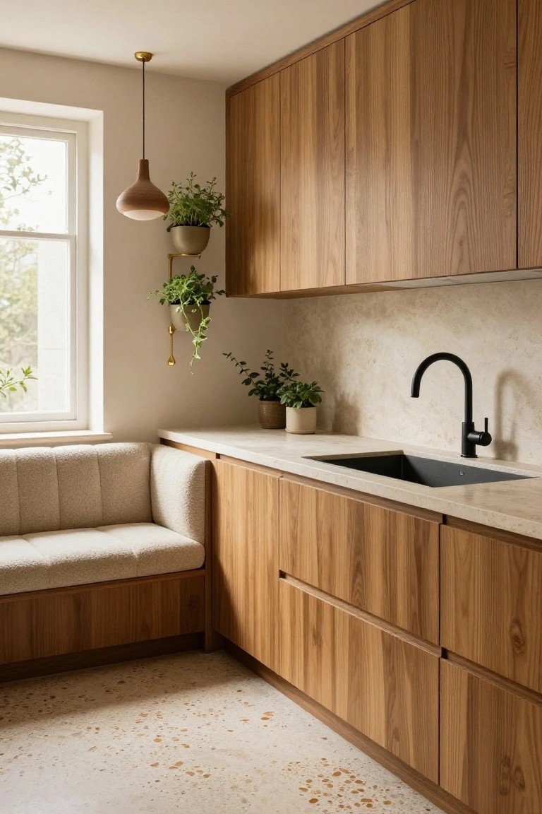 Modern kitchen interior featuring warm vertical wood cabinets, light stone counters, black sink and faucet, beige terrazzo floor, hanging plants, a pendant light, and a built-in tufted bench seat in the corner next to a window.