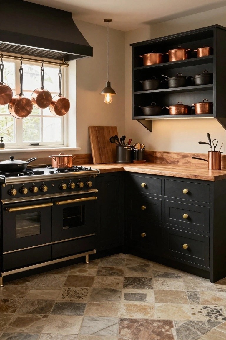 Corner view of a black cabinet kitchen with brass-accented range cooker on wooden counters, copper pots hanging from a window rail and displayed on open shelves above, utensils on a wood board, and multicolored travertine floor tiles.