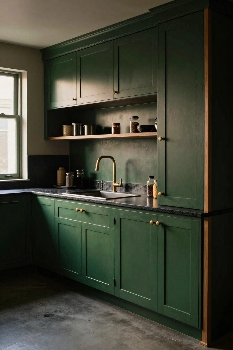 Modern kitchen with deep green shaker-style cabinets, matte black granite countertops, brass hardware, gold faucet, open shelves, and jars on a corner countertop next to a window.