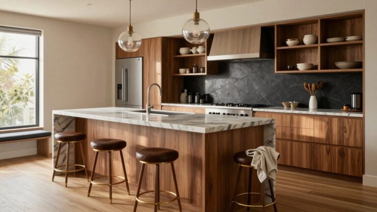 Modern kitchen with black cabinets, white marble countertops and island with dark wood paneling on sides, two brown leather bar stools, gold pendant lights, and a large window.