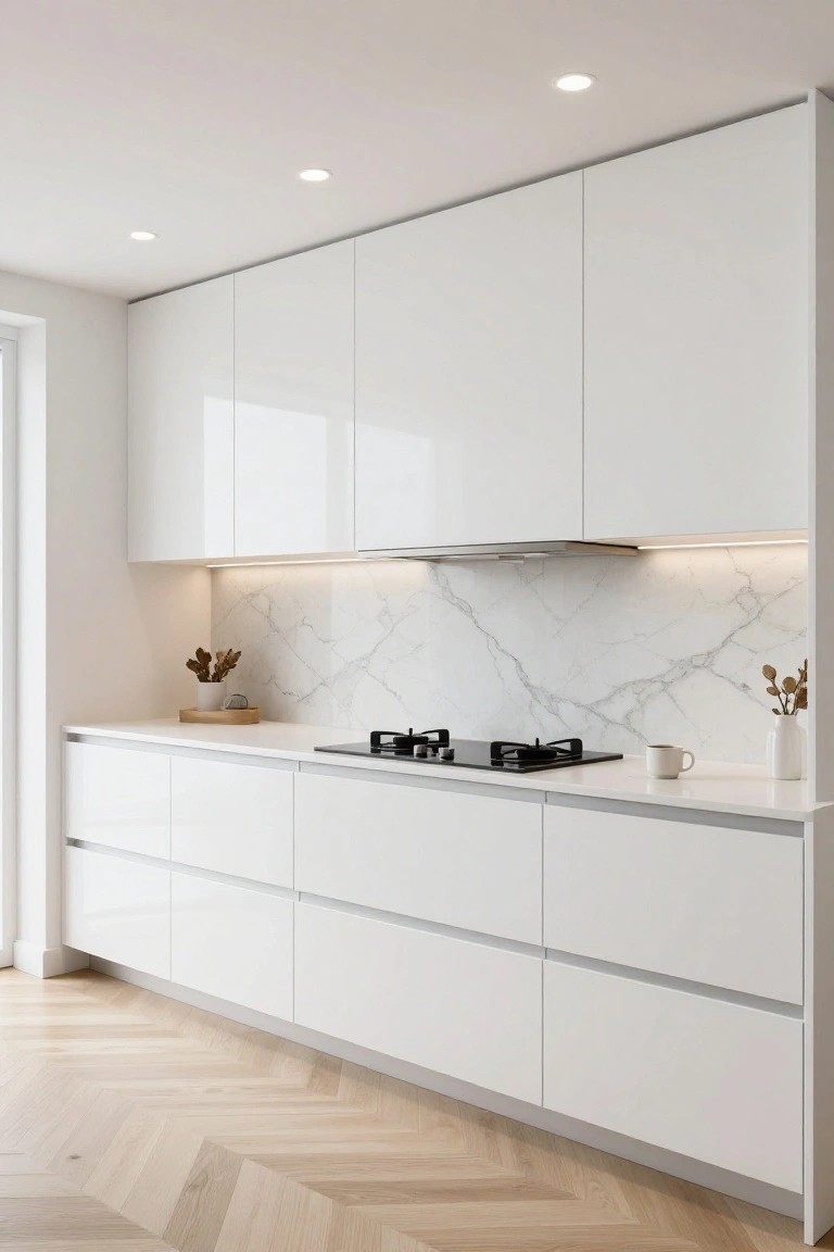 Modern kitchen with tall glossy white handleless cabinets, white countertop, gas cooktop, veined white marble backsplash with under-cabinet LED lighting, stainless steel hood, and herringbone light wood flooring.