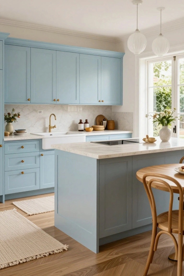 A modern kitchen with light blue shaker-style cabinets, white marble countertops, a white farmhouse sink, gold faucet and hardware, wooden bar stools at a light gray island, and white pendant lights over a window with garden view.