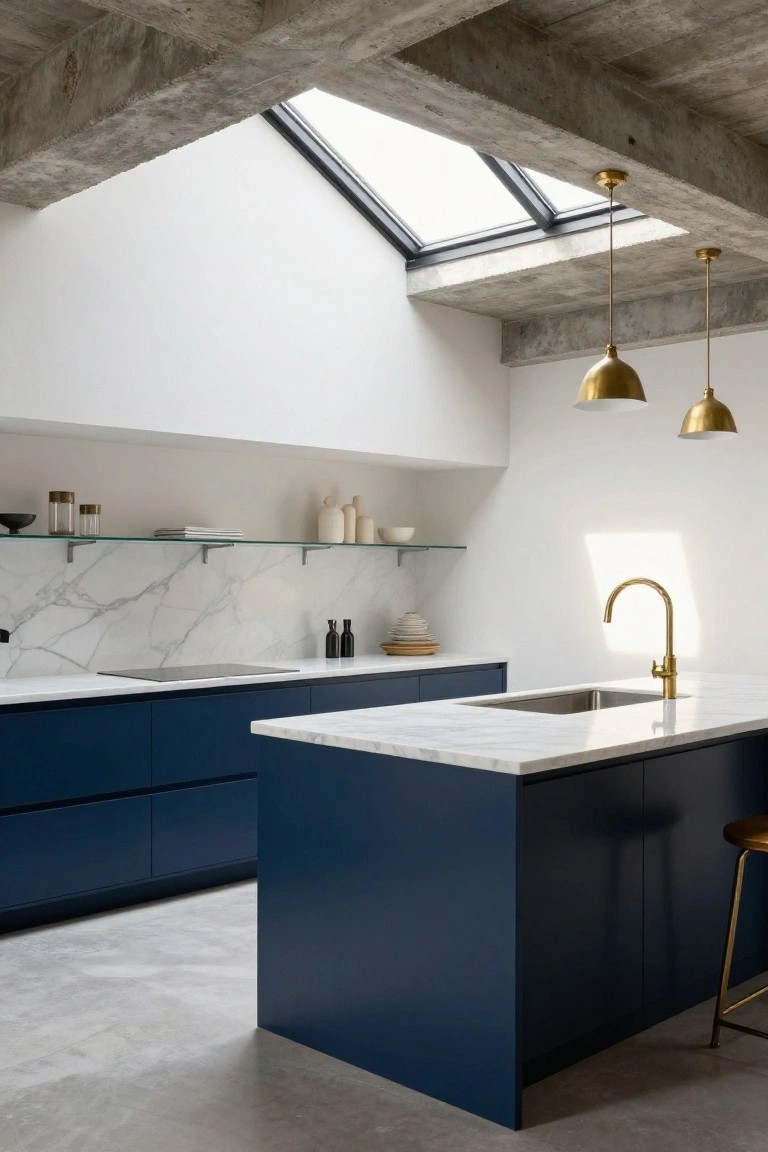 Modern kitchen interior featuring navy blue lower cabinets and island, white marble countertops and backsplash, gold pendant lights and faucet, glass shelves, exposed concrete ceiling, and skylight.