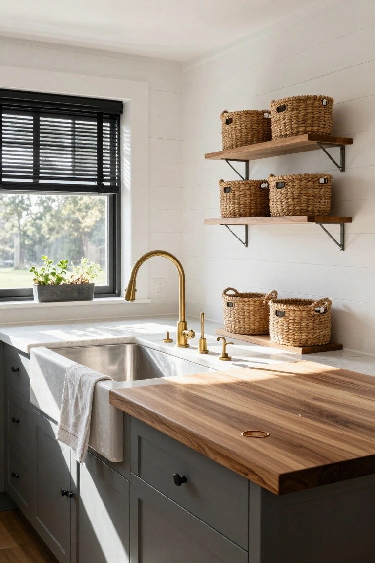 Kitchen interior with white shiplap walls, gray lower cabinets, white farm sink and quartz counters, gold faucet, wood-topped island, open wood shelves holding multiple wicker baskets, black blinds on window, and potted herbs on sill.