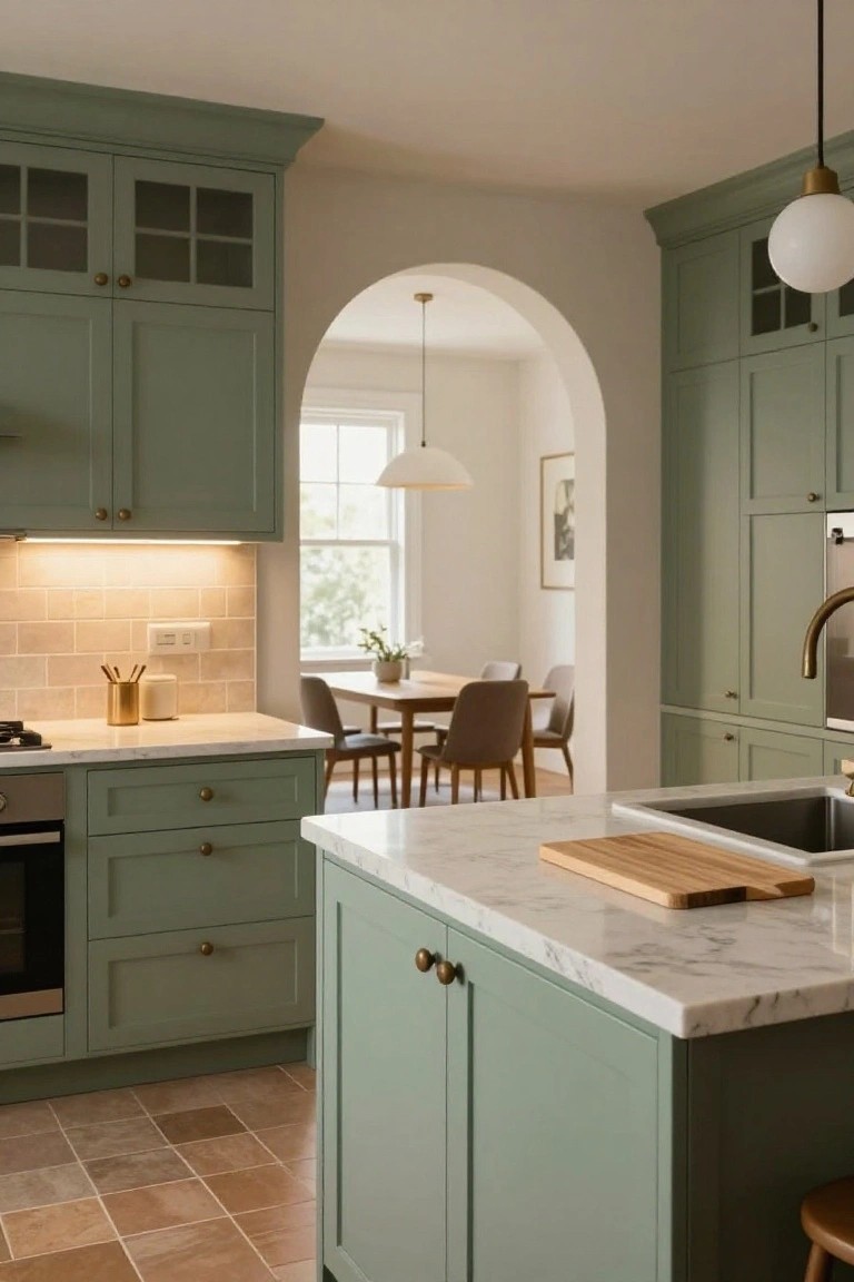A kitchen interior with sage green shaker-style cabinets, white marble countertops and island, brass hardware, beige subway tile backsplash, gas stove, and an arched opening to a dining room with wooden table and chairs.