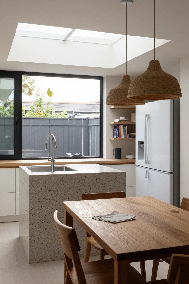 Modern kitchen interior with white cabinets, speckled concrete island containing a sink, adjacent wooden dining table with chairs, rattan pendant lights, white refrigerator, and black-framed window to backyard.