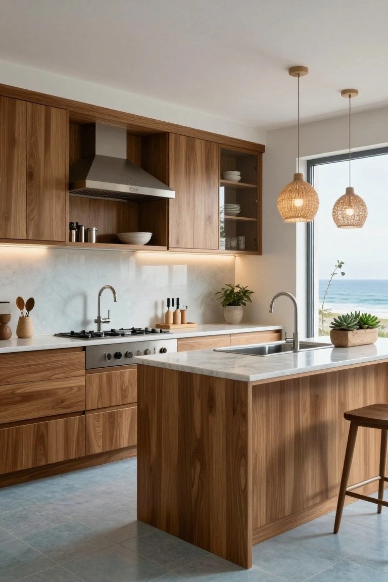 Modern kitchen interior with warm wood cabinetry, white marble countertops and island, stainless steel range and hood, double sink, pendant lights, and large window showing ocean view.