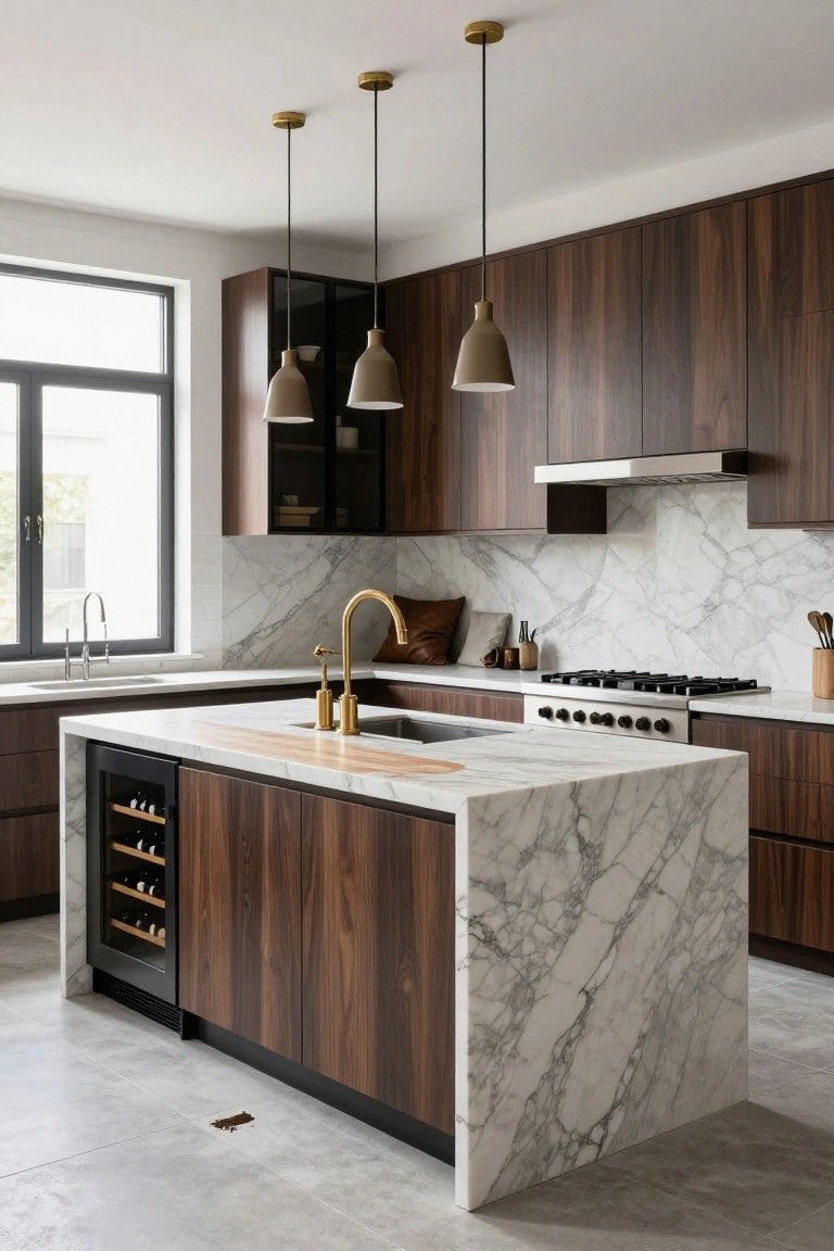 Modern kitchen with dark wood cabinets, white veined marble countertops and backsplash, central island featuring integrated wine cooler, gold faucets, gas cooktop, and three hanging pendant lights.