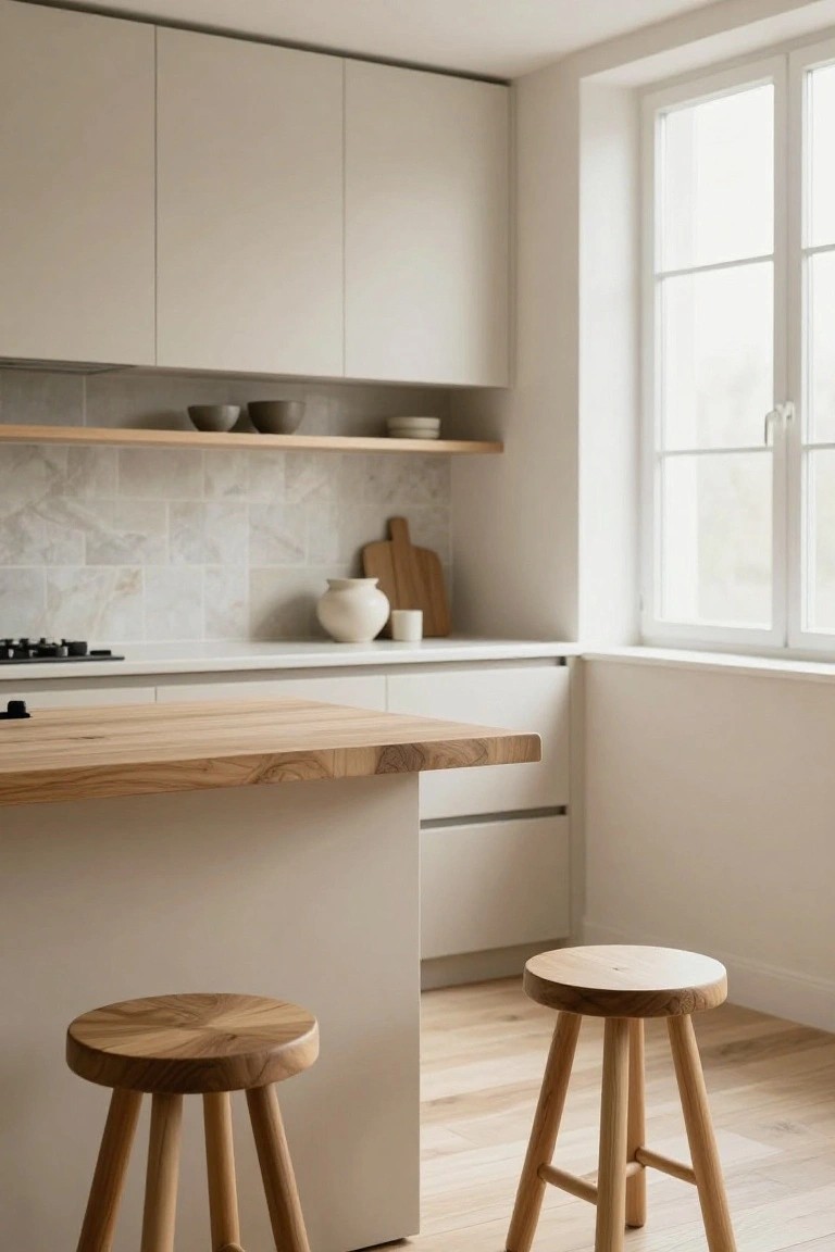 Modern kitchen interior with off-white flat-panel cabinets, light gray veined tile backsplash, oak butcher block island countertop, wooden cutting board and vase on counter, overhead wood shelf with ceramics, large window, and two tripod wooden bar stools at island end on light wood floor.