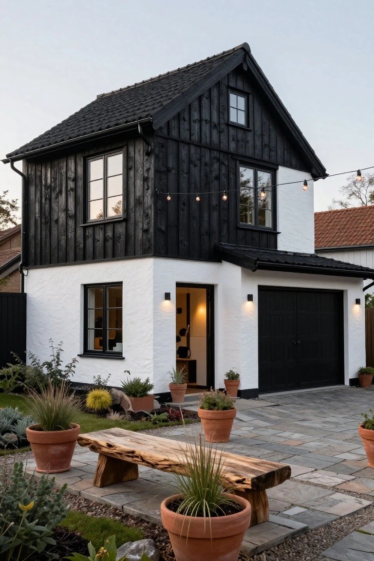 Two-story house exterior with black wood cladding on the left side and white plaster on the right, black garage door, front door with lights, potted plants, gravel bench, and paved driveway in a garden setting.